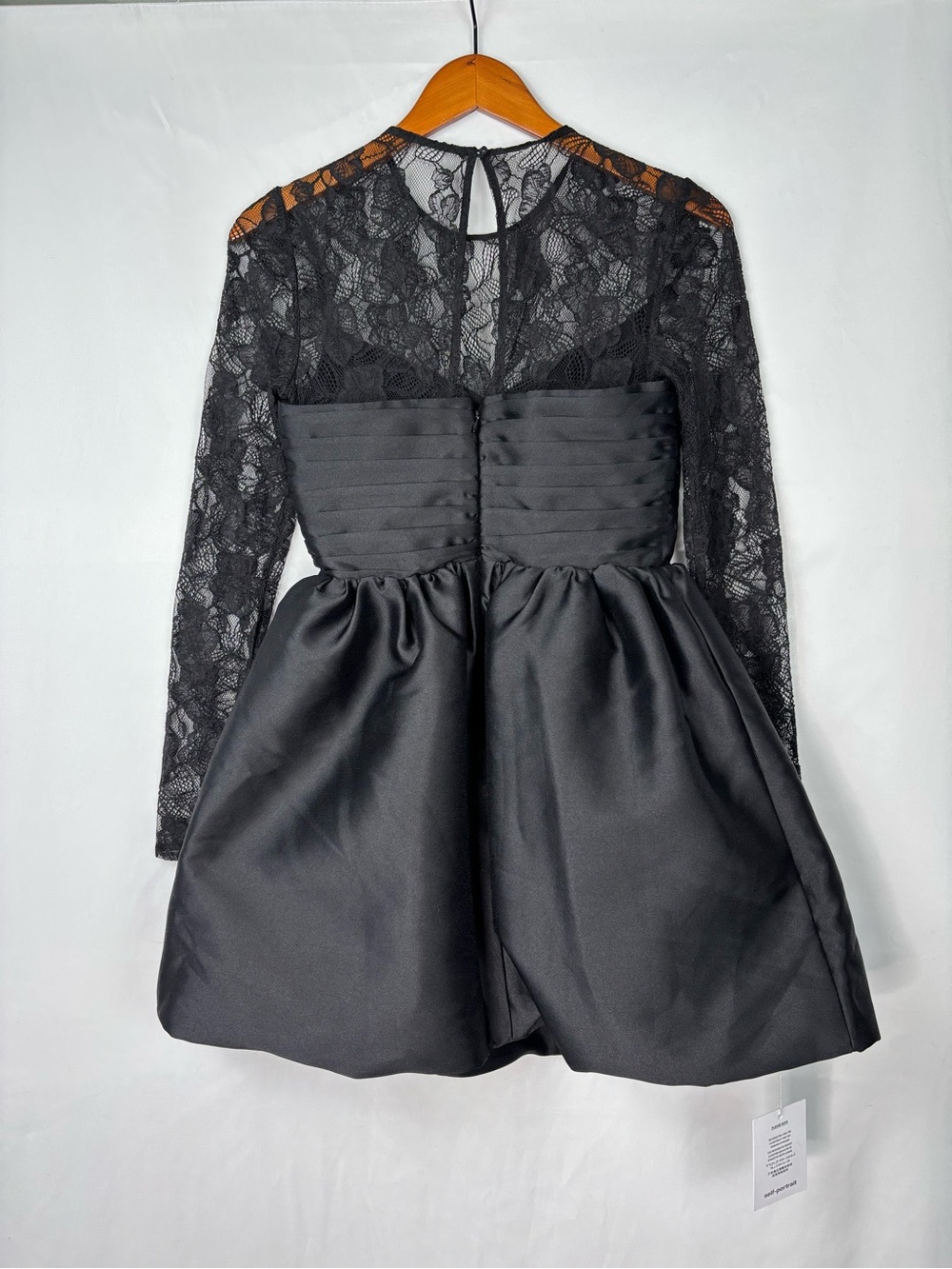 NEW Self Portrait Black Taffeta Lace Mini Dress Size 4 Bubble Hem Long Sleeve - Picture 3 of 7